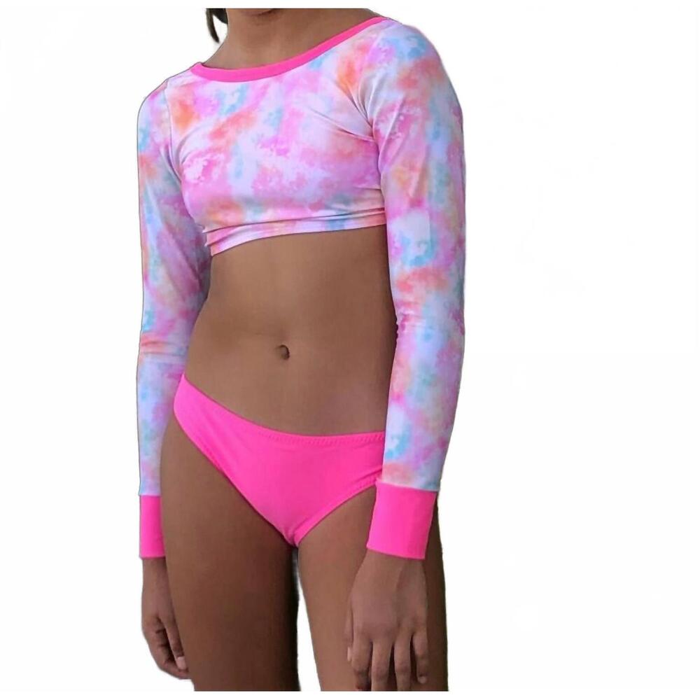 NEW SABZ SWIMWEAR girls rashguard crop set in tie dye